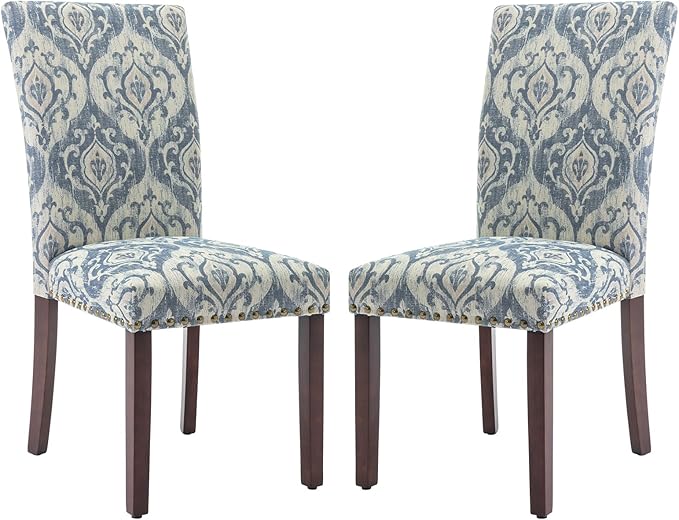 COLAMY Upholstered Parsons Dining Chairs Set of 2, Fabric Dining Room Kitchen Side Chair with Nailhead Trim and Wood Legs - Blue/White Flower - LeafyLoom