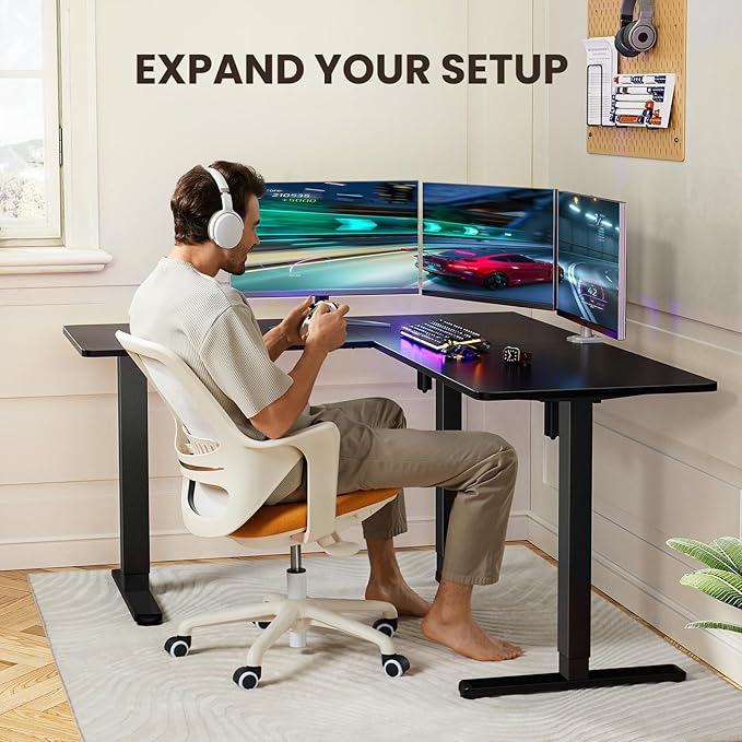 ErGear 63" Dual Motor L Shaped Standing Desk, 28"-46" Electric Height Adjustable, 2 Assembly Options to Fit Room Corner, Suitable for Sitting or Standing Up for Working or Gaming from Home, Black - LeafyLoom