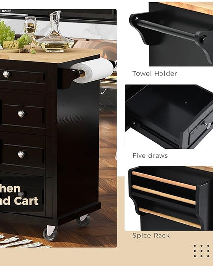 Rolling Kitchen Island Cart with Storage Cabinets and 5 Drawers, 2 Adjustable Shelf, Rubber Wood Countertop, Spice Rack & Towel Handle for Dinning Room, Coffee Bar - LeafyLoom