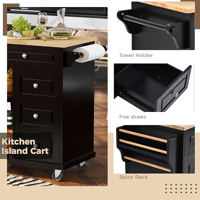 Rolling Kitchen Island Cart with Storage Cabinets and 5 Drawers, 2 Adjustable Shelf, Rubber Wood Countertop, Spice Rack & Towel Handle for Dinning Room, Coffee Bar - LeafyLoom