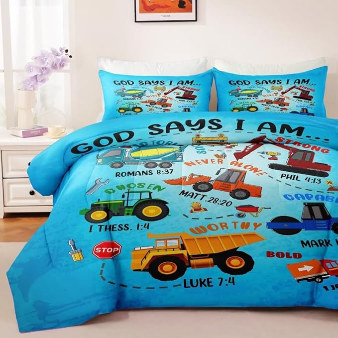 Boys Construction Vehicles Truck Comforter Set Queen,Christian Kids God Says I Am Construction Bedding Set,Car Excavator Tractor Bedroom Set（1 Comforter 2 Pillowcase） Blue - LeafyLoom