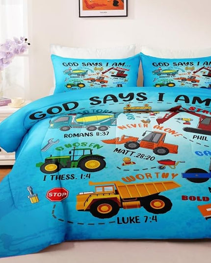 Boys Construction Vehicles Truck Comforter Set Full,Christian Kids God Says I Am Construction Bedding Set,Car Excavator Tractor Bedroom Set（1 Comforter 2 Pillowcase） Blue - LeafyLoom