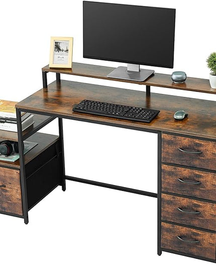 TOPSKY Compact Computer Desk with Storage Shelf/Cloth File Drawer for Letter Size/Monitor Stand Study Table for Home Office (Rustic Brown, 61.6 inch) - LeafyLoom