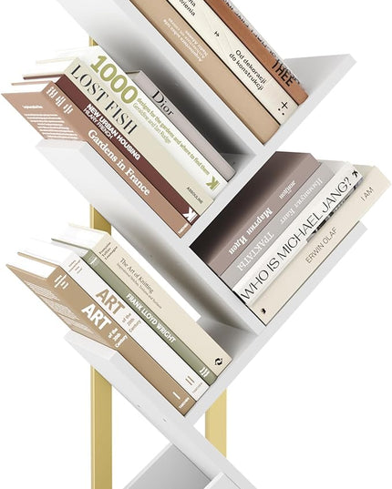 Yusong Tree Bookshelf, 5-Tier Small Bookcase with Metal Frame, Geometric Floor Standing Books Shelves Wooden Shelf for Office Desk Bedroom Tabletop Living Room White - LeafyLoom