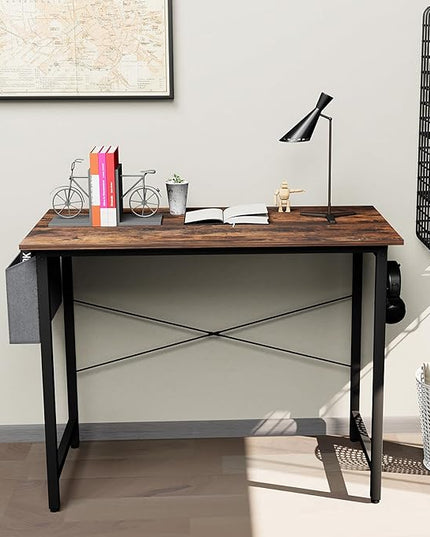 Small Computer Desk, 39 Inch Home Office Desks, Study Workstation PC Laptop Table with Storage Bag, Modern Simple Industrial Style Writing Desks - LeafyLoom