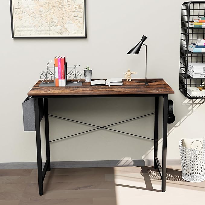 Small Computer Desk, 39 Inch Home Office Desks, Study Workstation PC Laptop Table with Storage Bag, Modern Simple Industrial Style Writing Desks - LeafyLoom