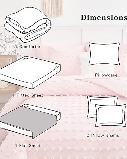 6 Pieces Tufted Dots Bed in a Bag Twin Comforter Set Girls Pink , Soft and Embroidery Shabby Chic Boho Bohemian Comforters, Luxury Solid Color with Pom Pom Design, Jacquard Tufts Bedding Set for Kids - LeafyLoom