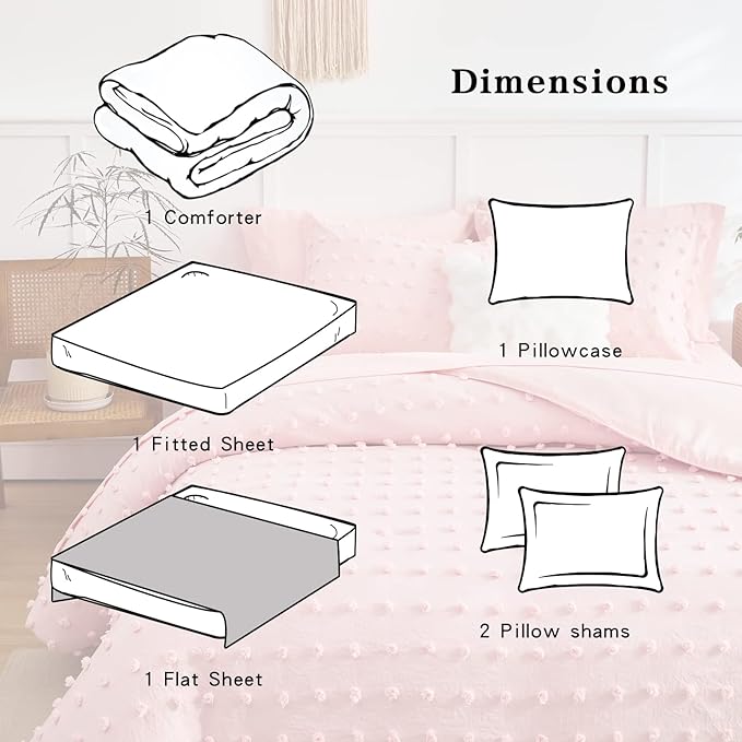 6 Pieces Tufted Dots Bed in a Bag Twin Comforter Set Girls Pink , Soft and Embroidery Shabby Chic Boho Bohemian Comforters, Luxury Solid Color with Pom Pom Design, Jacquard Tufts Bedding Set for Kids - LeafyLoom