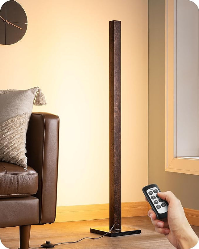 EDISHINE Wooden LED Corner Floor Lamp, Minimalist Dimmable Stick Light with Remote, Modern Standing Light for Living Room, Bedroom, Office, 7 Color Temperature 2700~6000K, 46" - LeafyLoom