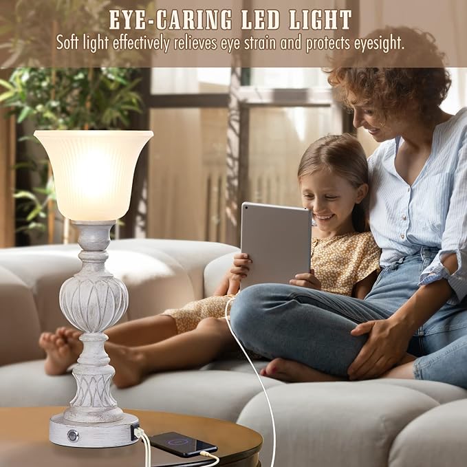Luvkczc Touch Lamps for Living Room Set of 2, 3-Way Bedside Lamps with Glass Lampshade for Bedroom Living Room Farmhouse Office, Rustic Resin Classic Table Lamps Washed White - LeafyLoom