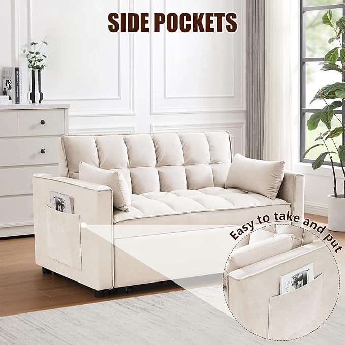 3 in 1 Loveseat Sofa Bed, Pull Out Couch Sleeper with Storage, Full Size Velvet Convertible Chair with 2 Pockets & 2 Pillows for Living Room, White - LeafyLoom