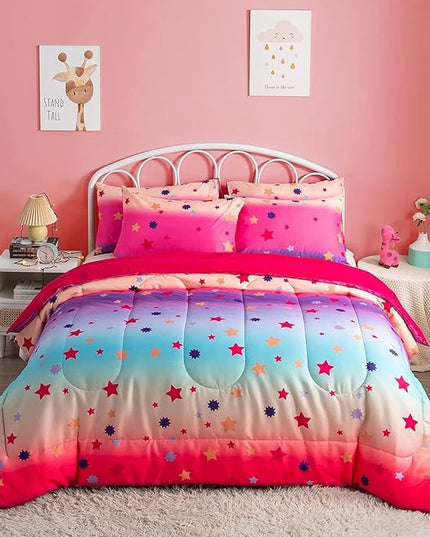 Full Comforter Set for Girls Rainbow Bedding Set 3 Pieces with Multicolor Stars Pink Comforter Set Full Size with Pillowcase for Kids, Teenagers - LeafyLoom