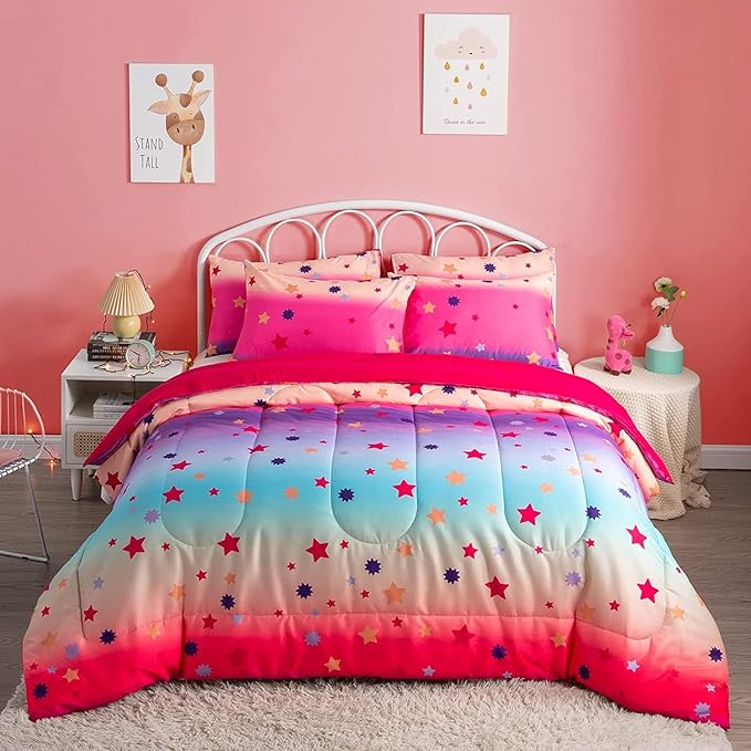 Full Comforter Set for Girls Rainbow Bedding Set 3 Pieces with Multicolor Stars Pink Comforter Set Full Size with Pillowcase for Kids, Teenagers - LeafyLoom
