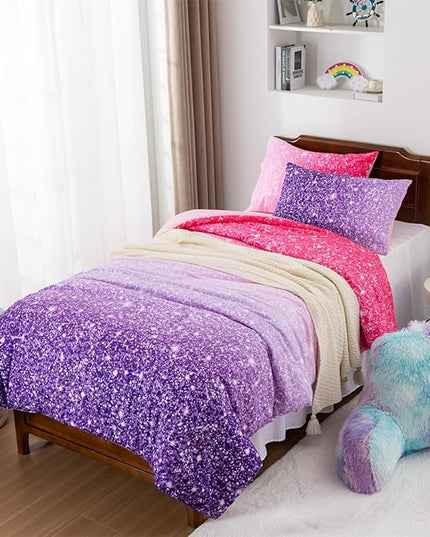 Holawakaka Kids Space Star Glitter Comforter Set Ombre Pink Purple Print Ombre Bedding Set Twin/Twin XL Size Girls Gradient Galaxy Dorm Bed Sets (Pink Purple,Twin) - LeafyLoom