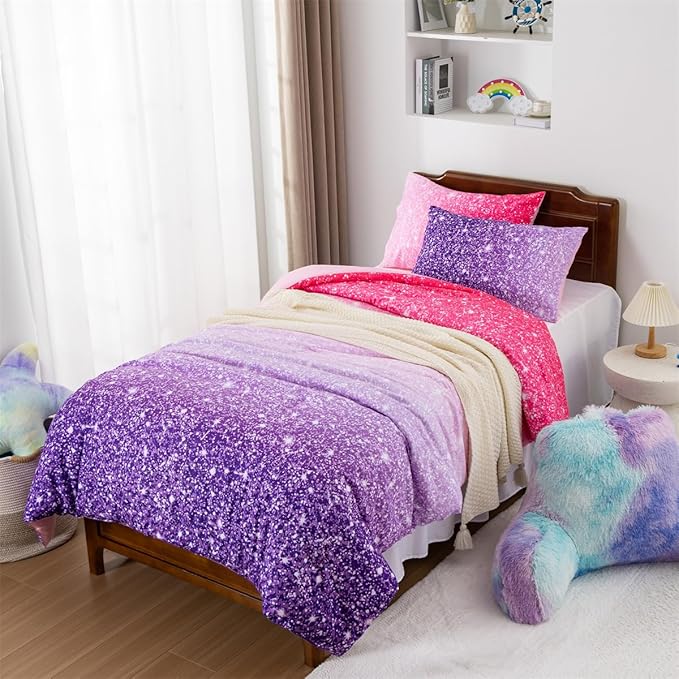 Holawakaka Kids Space Star Glitter Comforter Set Ombre Pink Purple Print Ombre Bedding Set Twin/Twin XL Size Girls Gradient Galaxy Dorm Bed Sets (Pink Purple,Twin) - LeafyLoom
