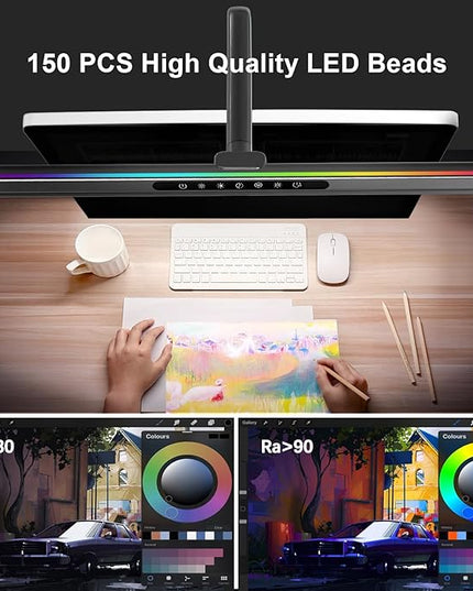 2-in-1 Desk Lamp with RGB Ambient Light, Architect Desk Lamps for Home Office, 5 Color Modes & Brightness Levels, Eye-Caring Flexible Gooseneck Table Light for Monitor Working Reading Gaming - LeafyLoom