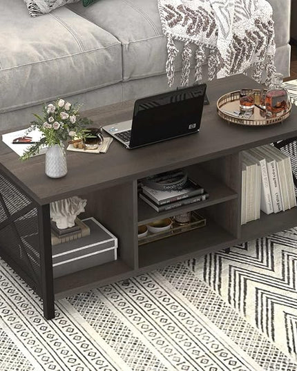 FATORRI Rustic Coffee Table for Living Room, Farmhouse Dark Wood Center Table, Industrial Rectangle Cocktail Tea Tables (Walnut Brown) - LeafyLoom