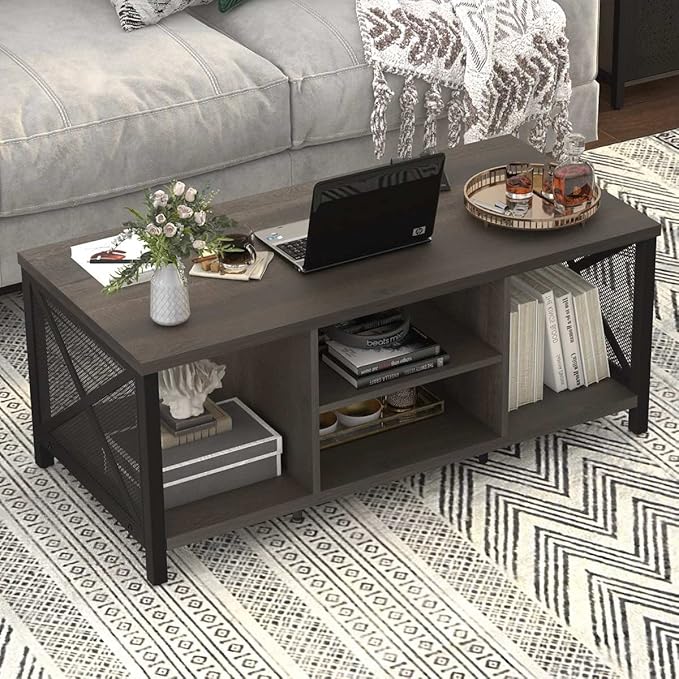 FATORRI Rustic Coffee Table for Living Room, Farmhouse Dark Wood Center Table, Industrial Rectangle Cocktail Tea Tables (Walnut Brown) - LeafyLoom