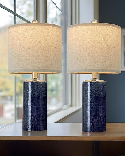 20.25" Small Table Lamps Set of 2 Modern Ceramic Lamps for Living Room Farmhouse Bedside Lamps Boho Lamps for Night Stands Blue Bedroom Lamps Side Table Lamps End Table Lamps - LeafyLoom