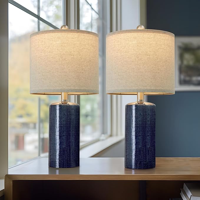 20.25" Small Table Lamps Set of 2 Modern Ceramic Lamps for Living Room Farmhouse Bedside Lamps Boho Lamps for Night Stands Blue Bedroom Lamps Side Table Lamps End Table Lamps - LeafyLoom
