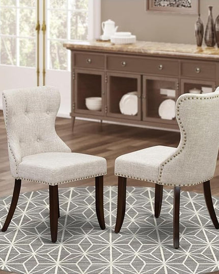 East West Furniture SIP3T35 Sion Parson Dining Room Button Tufted Nailhead Trim Doeskin Linen Fabric Upholstered Chairs, Set of 2, Mahogany - LeafyLoom