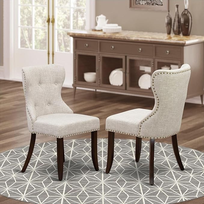 East West Furniture SIP3T35 Sion Parson Dining Room Button Tufted Nailhead Trim Doeskin Linen Fabric Upholstered Chairs, Set of 2, Mahogany - LeafyLoom