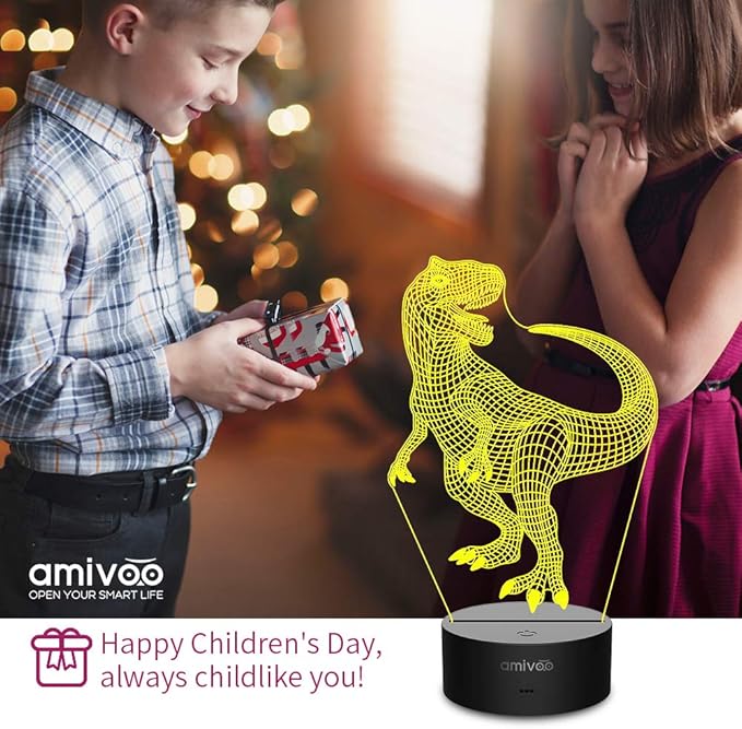 Dinosaur 3D Night Light for Kids 16 Colors Changing 3D Optical Illusion Lamp with Smart Touch & Remote Control, Best Gift for Girls Boys Kids (T-rex) - LeafyLoom