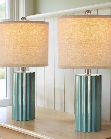 Oneach 21'' Farmhouse Ceramic Table Lamp Set of 2 for Bedroom Living Room House Decor Deep Blue Desk Lamps Home Office Dorm Rustic Modern Style Lamp - LeafyLoom