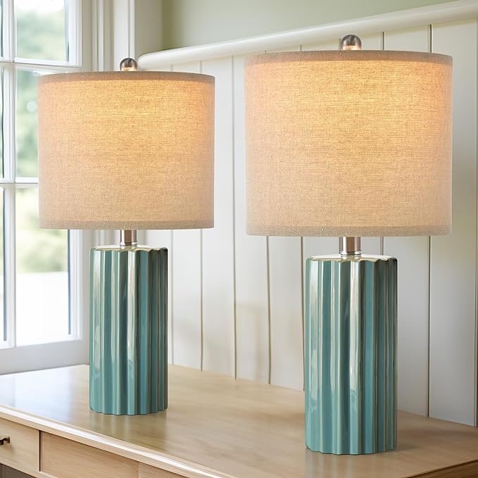 Oneach 21'' Farmhouse Ceramic Table Lamp Set of 2 for Bedroom Living Room House Decor Deep Blue Desk Lamps Home Office Dorm Rustic Modern Style Lamp - LeafyLoom