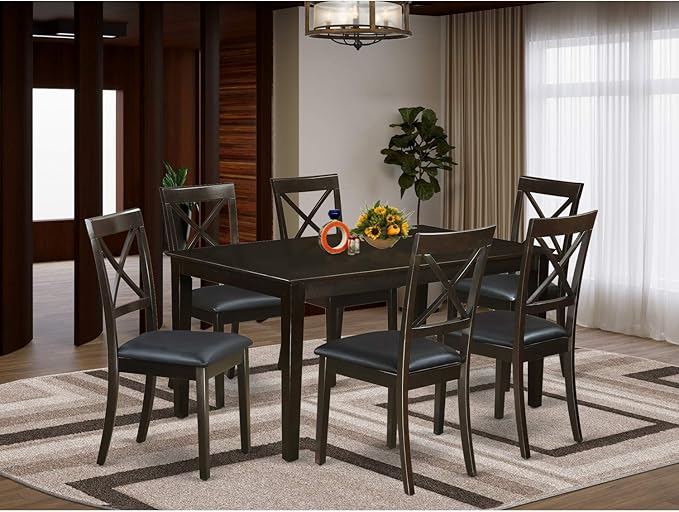 East West Furniture CABO7S-CAP-LC Capri 7 Piece Modern Dining Set Consist of a Rectangle Wooden Table and 6 Faux Leather Upholstered Chairs, 36x60 Inch - LeafyLoom