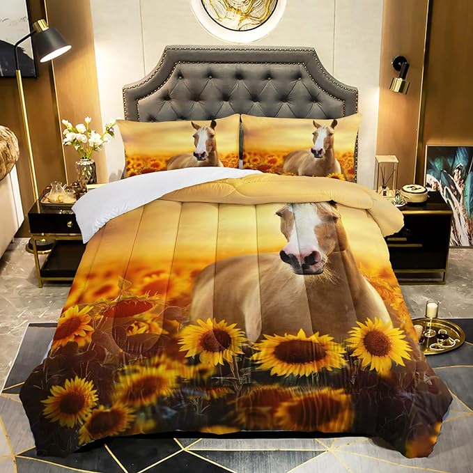 Horse Comforter King Size,Sunflower Horse Comforter Set for Kids Teens Girls Boys,3Pcs Bedding Set Printed Comforter with 2 Pillowcases,Soft and Lightweight，King Size - LeafyLoom
