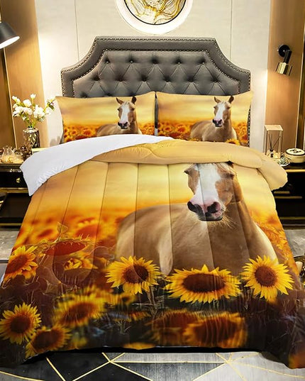 Horse Comforter Queen Size,Sunflower Horse Comforter Set for Kids Teens Girls Boys,3Pcs Bedding Set Printed Comforter with 2 Pillowcases,Soft and Lightweight，Queen Size - LeafyLoom