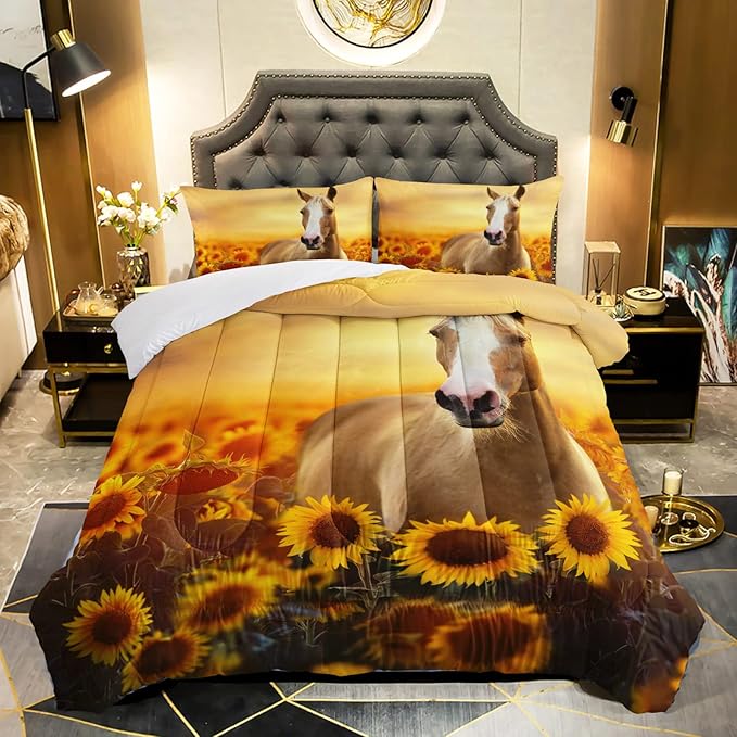 Horse Comforter Queen Size,Sunflower Horse Comforter Set for Kids Teens Girls Boys,3Pcs Bedding Set Printed Comforter with 2 Pillowcases,Soft and Lightweight，Queen Size - LeafyLoom
