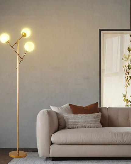 Sputnik 3 Globe Mid Century Floor Lamp Modern Gold, 3 Lights Standing Lamp with Frosted Glass Shade and Bulbs Included, LED Tall Floor Light for Living Room, Bedroom, Office - Antique Brass - LeafyLoom