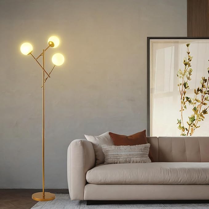 Sputnik 3 Globe Mid Century Floor Lamp Modern Gold, 3 Lights Standing Lamp with Frosted Glass Shade and Bulbs Included, LED Tall Floor Light for Living Room, Bedroom, Office - Antique Brass - LeafyLoom