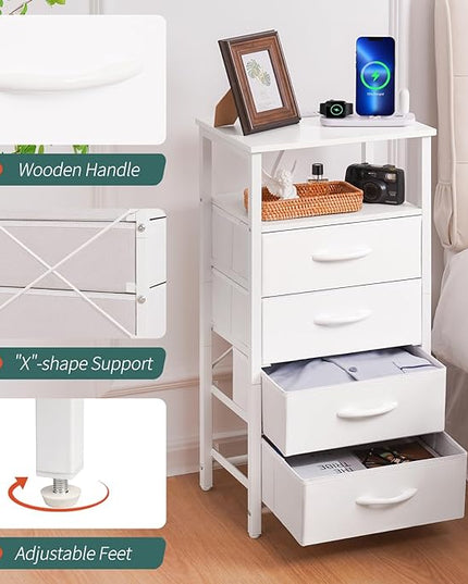 Yoobure LED Nightstand with Charging Station, Tall Dressers for Bedroom, White Night Stand with 4 Storage Drawers, Bedside Table for Closet, Fabric Side Table, End Table in Living Room - LeafyLoom