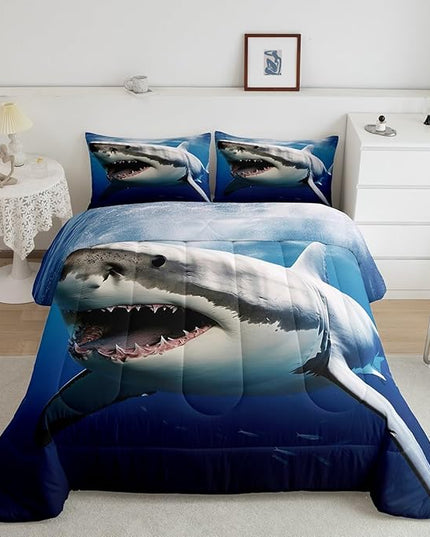 Kids Comforter Set for Boys Girls,3D Shark Fish Down Comforter 3 Piece Hawaiian Beach Theme Bedding Quilted Duvet Set Ocean Sea Animal Pattern Blue Duvet Insert for Toddler Teen Bedroom Decor,Full - LeafyLoom