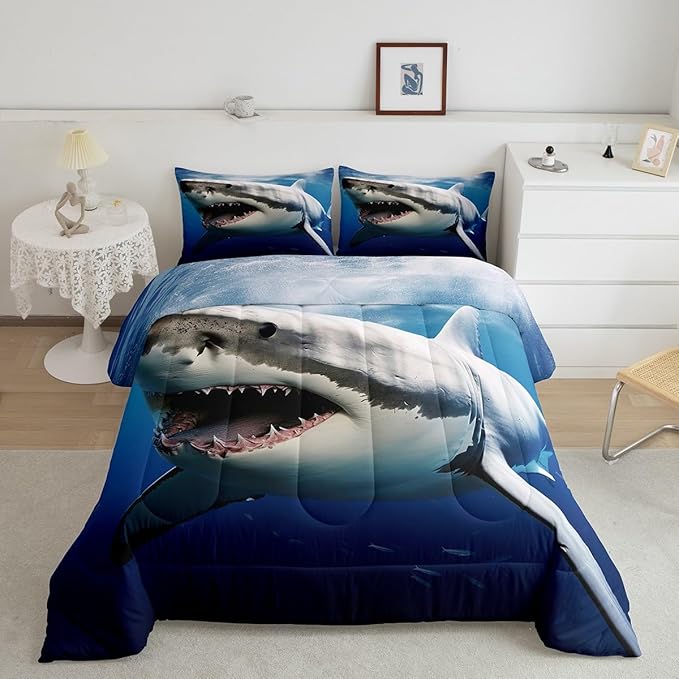 Kids Comforter Set for Boys Girls,3D Shark Fish Down Comforter 2 Piece Hawaiian Beach Theme Bedding Quilted Duvet Set Ocean Sea Animal Pattern Blue Duvet Insert for Toddler Teen Bedroom Decor,Twin - LeafyLoom