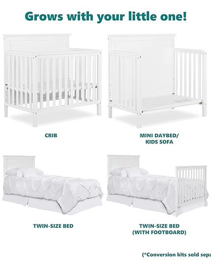 Ava 4-in-1 Convertible Mini Crib in White, Greenguard Gold Certified, Non-Toxic Finish, Comes with 1" Mattress Pad, with 3 Mattress Height Settings - LeafyLoom