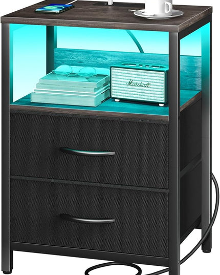 Yoobure Nightstand with Charging Station, LED Night Stand with Fabric Drawers and Storage Shelf for Bedroom, Nightstands Bedside Tables with USB Ports & Outlets, Small Night Stands, Bed Side Table - LeafyLoom