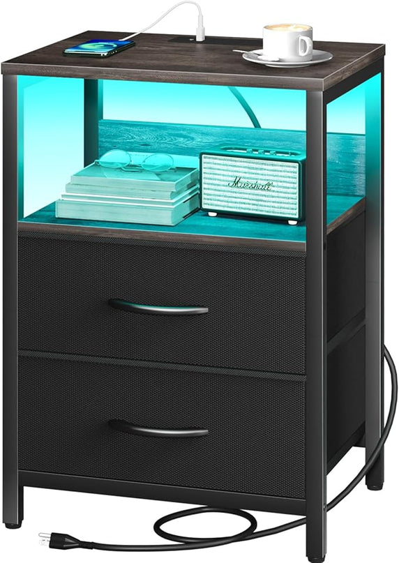 Yoobure Nightstand with Charging Station, LED Night Stand with Fabric Drawers and Storage Shelf for Bedroom, Nightstands Bedside Tables with USB Ports & Outlets, Small Night Stands, Bed Side Table - LeafyLoom