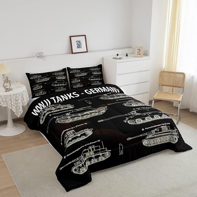 Tank Comforter Set Full, War Theme Bedding Set, Soldier Dirt Bike Camouflage Army Acting Down Comforter For Kid Boy Teen Men,Camo Vintage Style Quilt Set, Military Vehicle Duvet Set Room Decor - LeafyLoom