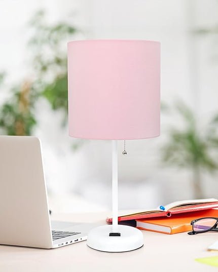 Simple Designs LT1144-POW Sleek and Slender White Table Lamp with Charging Outlet for Bedroom, Living Room, Entryway, Office, Dining Room, Study, Light Pink Shade - LeafyLoom