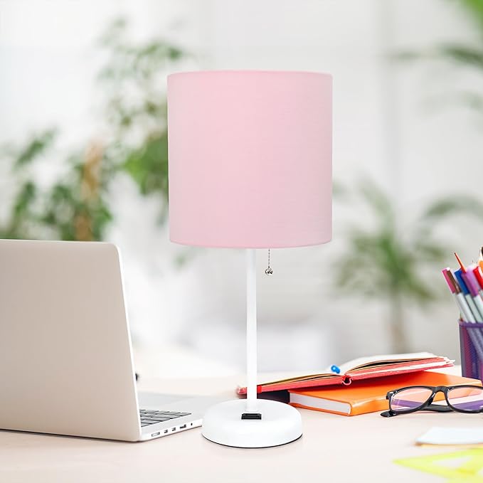 Simple Designs LT1144-POW Sleek and Slender White Table Lamp with Charging Outlet for Bedroom, Living Room, Entryway, Office, Dining Room, Study, Light Pink Shade - LeafyLoom