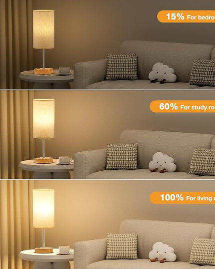 Touch Table Lamp - Cream, 3-Way Dimmable, USB A + C Charging, AC Outlet, 17.4inch Medium, Wood Grain Base - LeafyLoom
