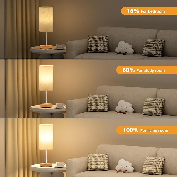 Touch Table Lamp - Cream, 3-Way Dimmable, USB A + C Charging, AC Outlet, 17.4inch Medium, Wood Grain Base - LeafyLoom