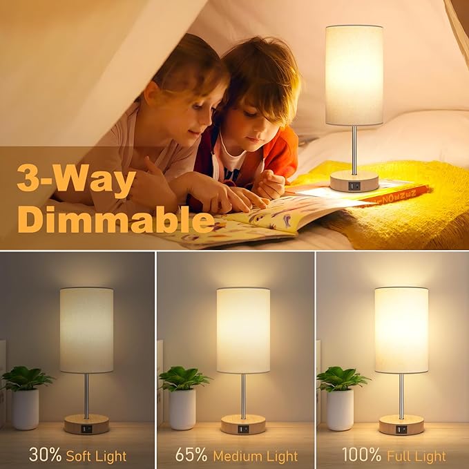 AKASUKI Table Lamp for Bedroom, 3 Way Dimmable Touch Lamp with Dual Charging Station, Small Bedside Lamps for Night Stands, Living Room, Office(LED Bulb Included) - LeafyLoom