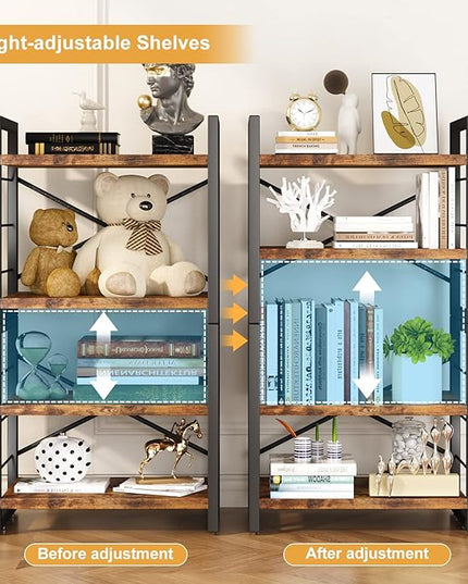 Bookshelf, 4 Tier Stackable Bookcase, Adjustable Industrial Book Shelf Storage Organizer for Desktop, Living Room, Bedroom, Office(Rustic Black and Brown) - LeafyLoom