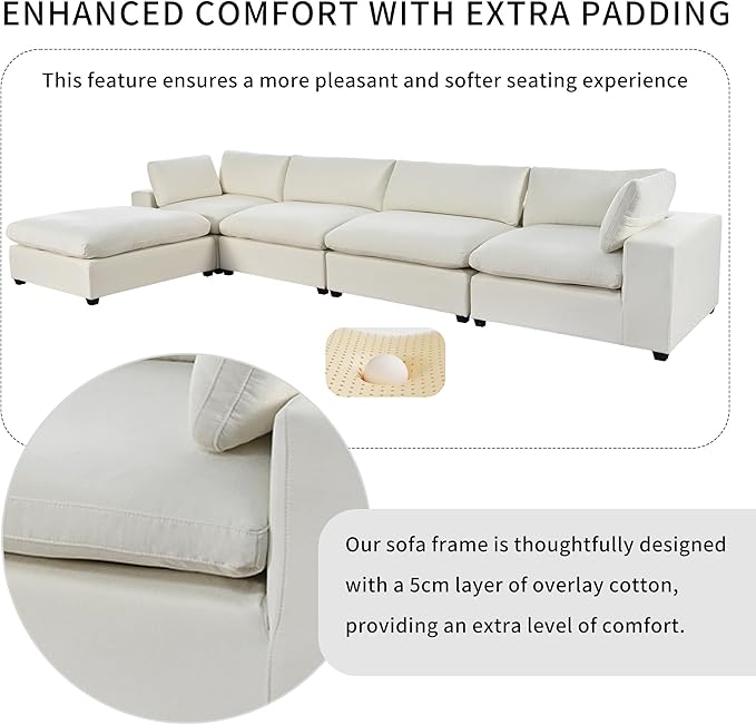 176.4 inch Oversized Sectional Sofa with Removable Ottoman, 5-Seater L Shaped Modular Corner Couch for Living Room, Office, Spacious Space, Beige - LeafyLoom