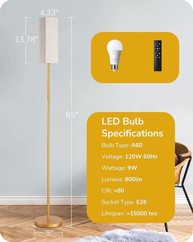 EDISHINE Modern Corner Floor Lamp with Remote, Stepless Dimmable Minimalist Reading Lamp, 65" Tall Pole Lamp for Living Room, Bedroom, Office, 9W LED Bulb Included (Gold) - LeafyLoom